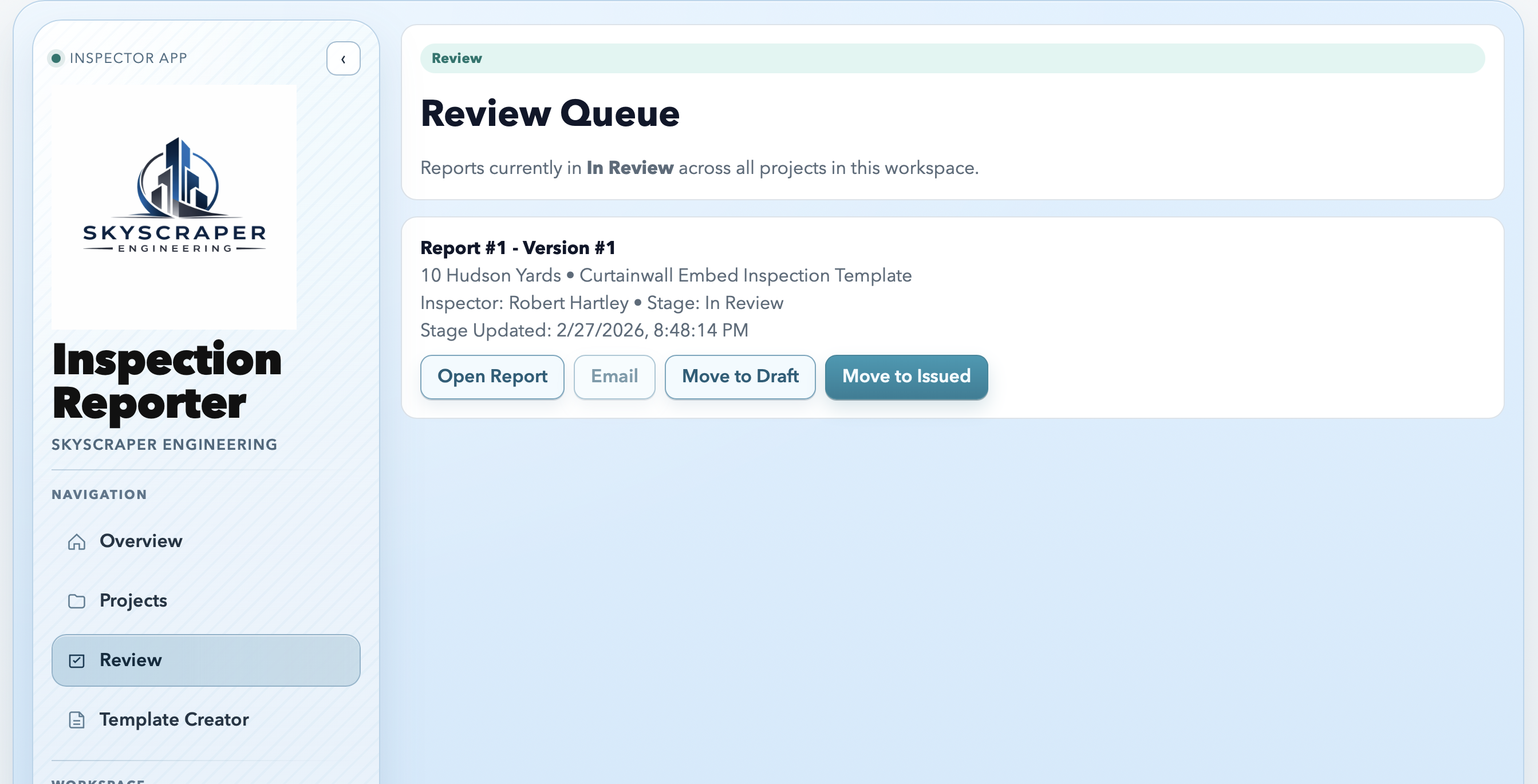 Report review queue in the web dashboard